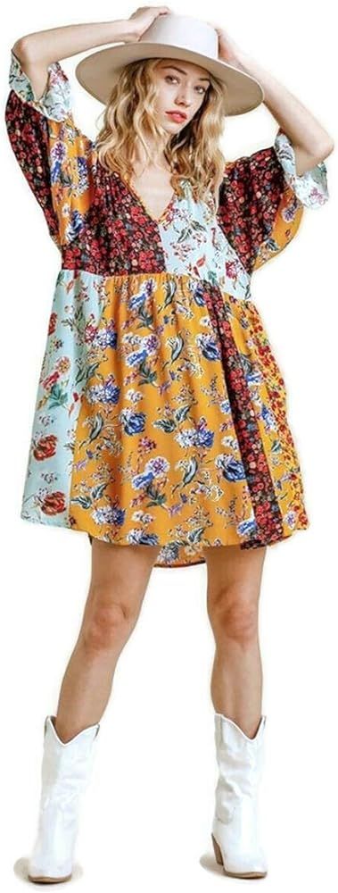 Umgee Women's Floral Mixed Print Puff Sleeve Dress | Amazon (US)