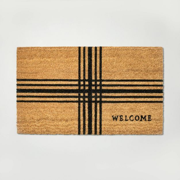 18&#34; x 30&#34; Cross Stripes Welcome Coir Doormat Black/Tan - Hearth &#38; Hand&#8482; with Ma... | Target