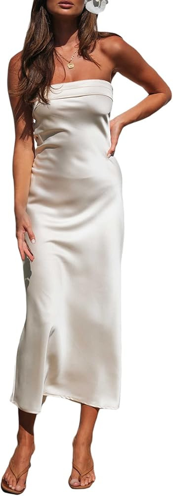 Backless Midi Dress for Women Elegant Satin Spaaghetti Strap Bodycon Dresses 2022 Beach Club Part... | Amazon (US)