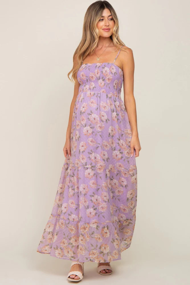 Lavender Floral Swiss Dot Smocked Maternity Maxi Dress | PinkBlush Maternity
