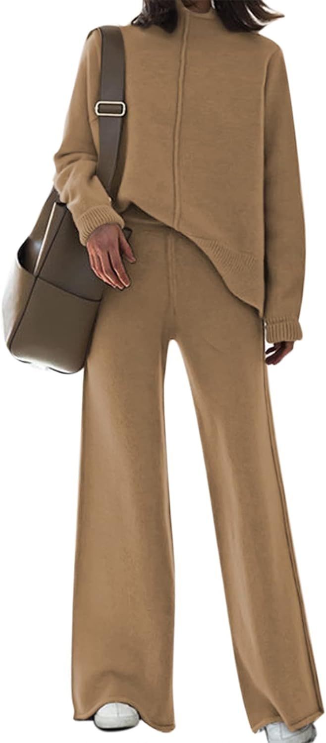 Amazon.com: Women Knit Top and Pants Set Oversized Turtleneck Sweater Pullover Wide Leg Pants Lei... | Amazon (US)