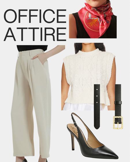 Office outfit, fall work outfit, wear to work, trousers, sleeveless sweater, Hermes scarf, black belt, slingback heels 

#LTKshoecrush #LTKstyletip #LTKworkwear