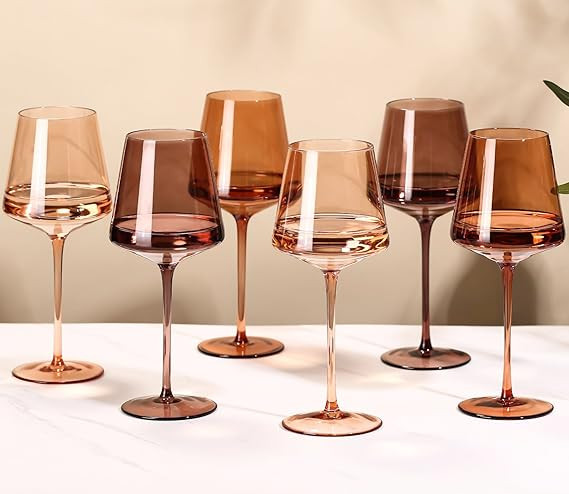 Brown Wine Glasses Set of 6-18oz【Hand Blown】 Crystal Amber Stemmed Venus Wine Glasses-Brown W... | Amazon (US)