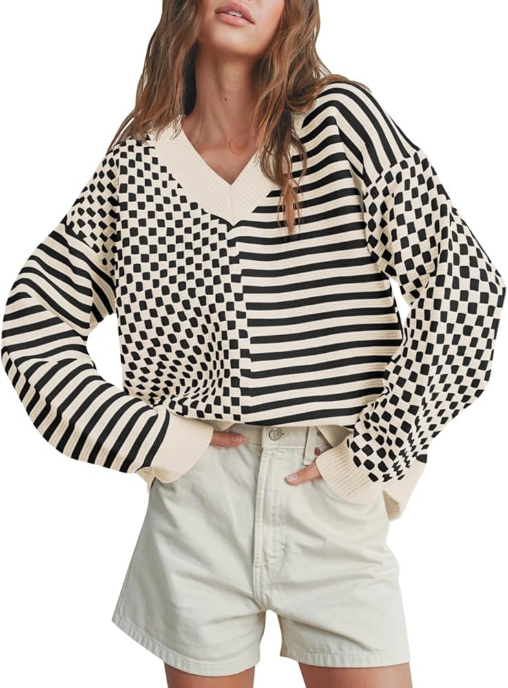 Saodimallsu Womens Checkered Striped Sweater V Neck Long Sleeve 2024 Fall Trendy Loose Knit Cozy ... | Amazon (US)