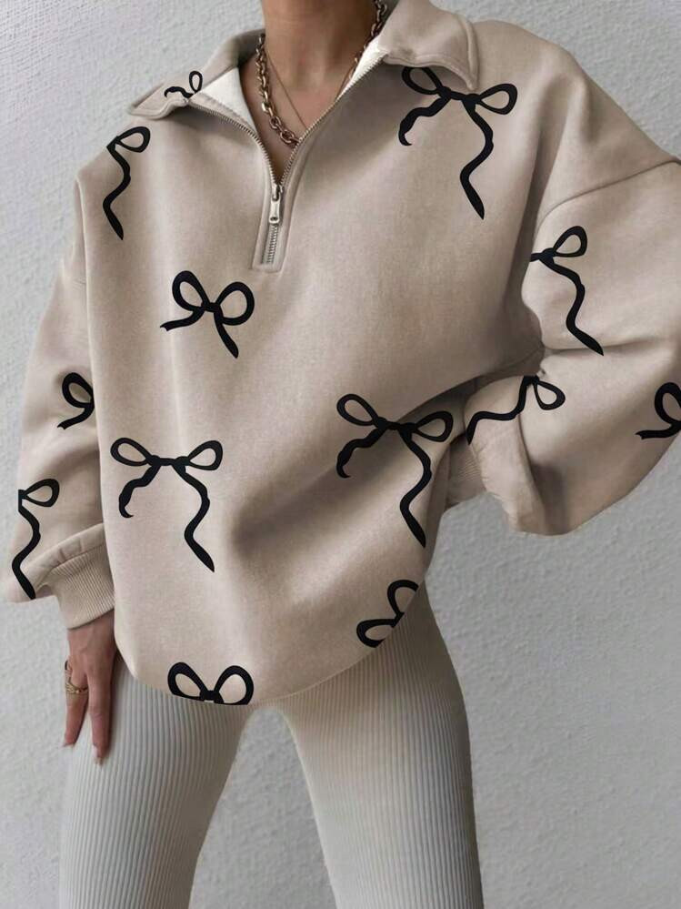INAWLY Loose Fit Half Zip Up Bow Print Casual Sweatshirt For Women Graduation,Back To School Outfits,Graduation,Teacher Outfits For Women,Back To School Pullover Fall Outfit | SHEIN
