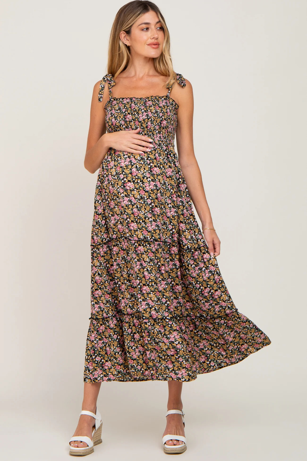 Black Multi-Color Floral Sleeveless Tiered Maternity Maxi Dress | PinkBlush Maternity