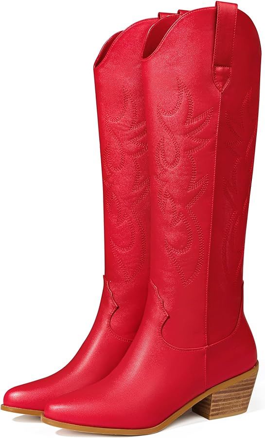 Ouepiano Cowboy Boots for Women, Cowgirl Boots with Sparkly Rhinestone Embroidery, Almond Toe Low... | Amazon (US)