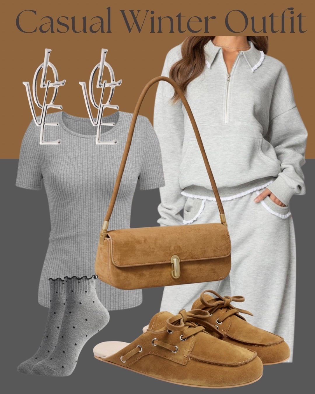 Casual winter outfit with matching lounge set and suede accessories. Gray zip-up lounge set styled with a suede shoulder bag, suede lace-up shoes, ribbed base layer tee, and cozy socks for an easy everyday winter look.

#LTKStyle #LTKWinter #LTKFinds #LTKLoungewear #LTKEveryday

#LTKootd