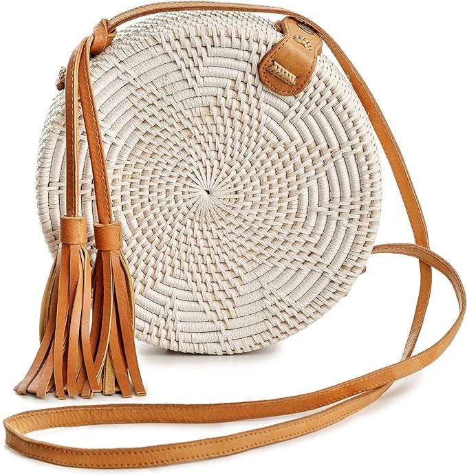 Novum Crafts Rattan Bags for Women - Handmade Wicker Woven Purse Handbag Circle Boho Bag Bali … | Amazon (US)