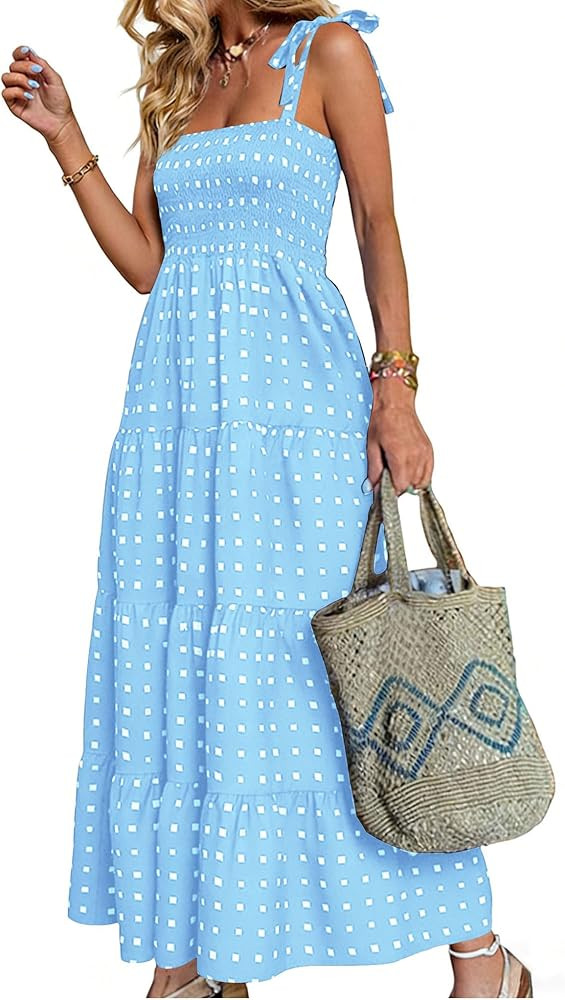 Long Dresses for Women Spring Summer Ladies Strappy Tie Shoulders Flowy A Line Maxi Tiered Beach ... | Amazon (US)