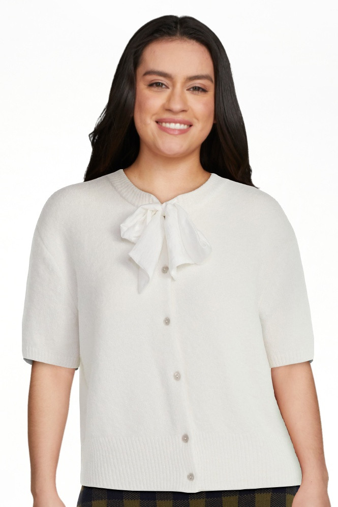 Free Assembly Women's Button-Front Bow Sweater with Short Sleeves, Midweight, Sizes XS-XXL | Walmart (US)