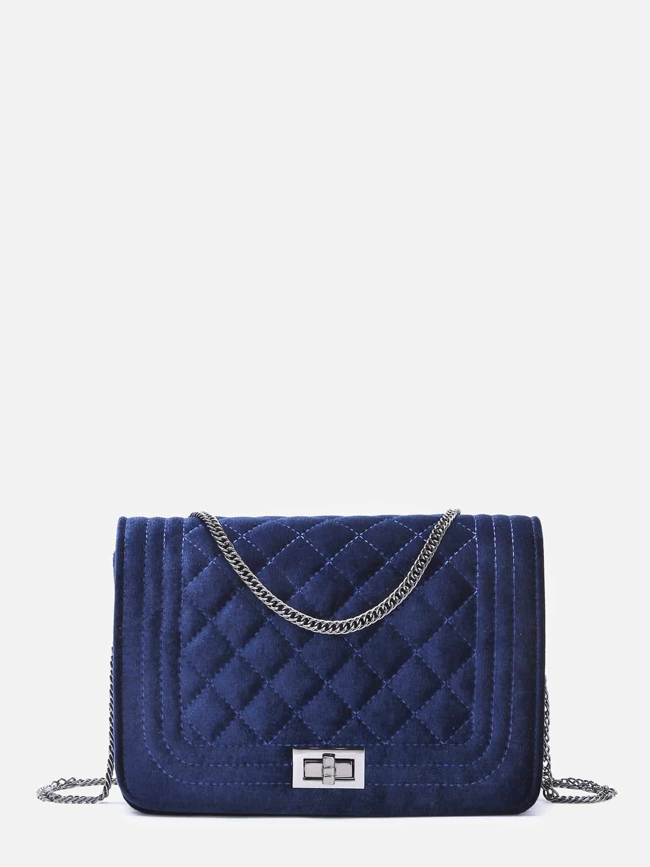 Navy Velvet Quilted Mini Flap Chain Bag | Romwe