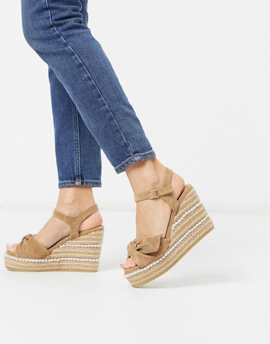 XTI bow espadrille heeled wedges in beige | ASOS (Global)