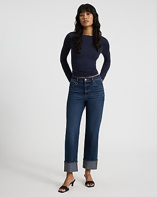 High Waisted Dark Wash Cuffed 50/50 Rigid Stretch Straight Ankle Jean | Express