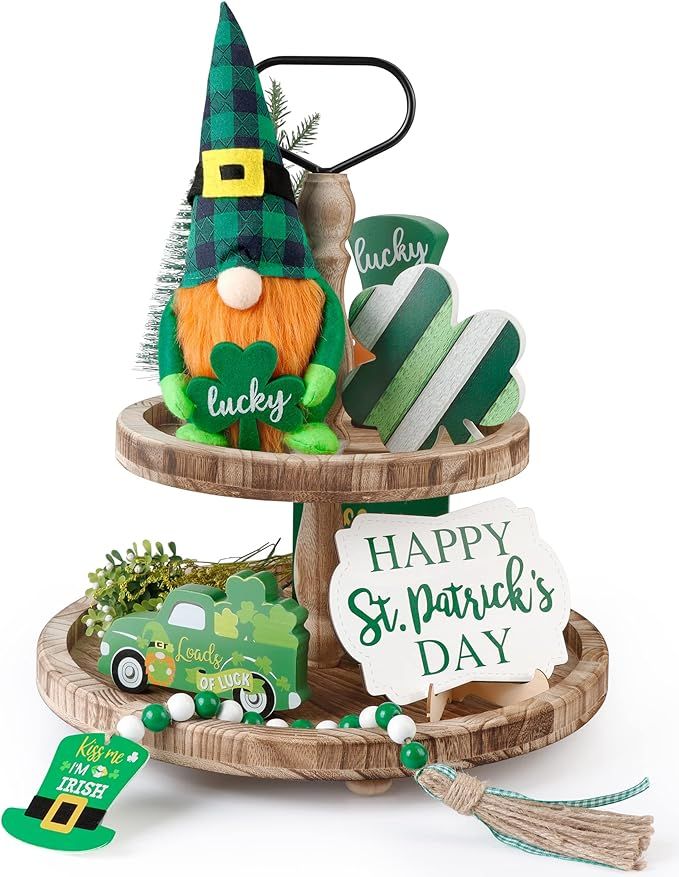 AKEROCK St Patricks Day Tiered Tray Decor, St Patricks Day Decorations Set with Gnomes Plush & 3 ... | Amazon (US)