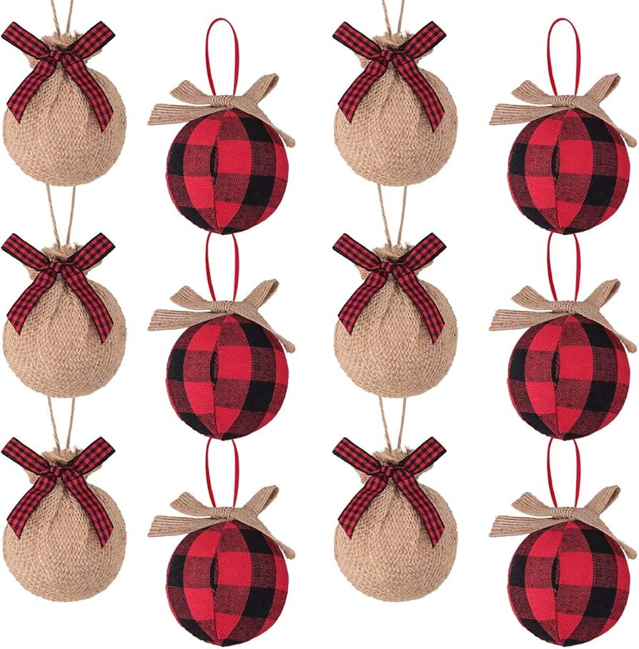 Ivenf Christmas Tree Decorations, 12pcs Buffalo Plaid Burlap Farmhouse Christmas Ornaments, Red B... | Amazon (US)