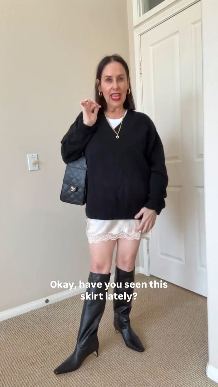 How cute is this @reformation lace trimmed skirt? I’m obsessed! I paired it with my favorite sweater and boots and of course my BAG!!! Follow me on @shop.ltk to shop this cute look! Link is in bio! #reformation #laceskirt #staud #falloutfit #chanelbag #chanel25 #over40 #over50 #newportbeach