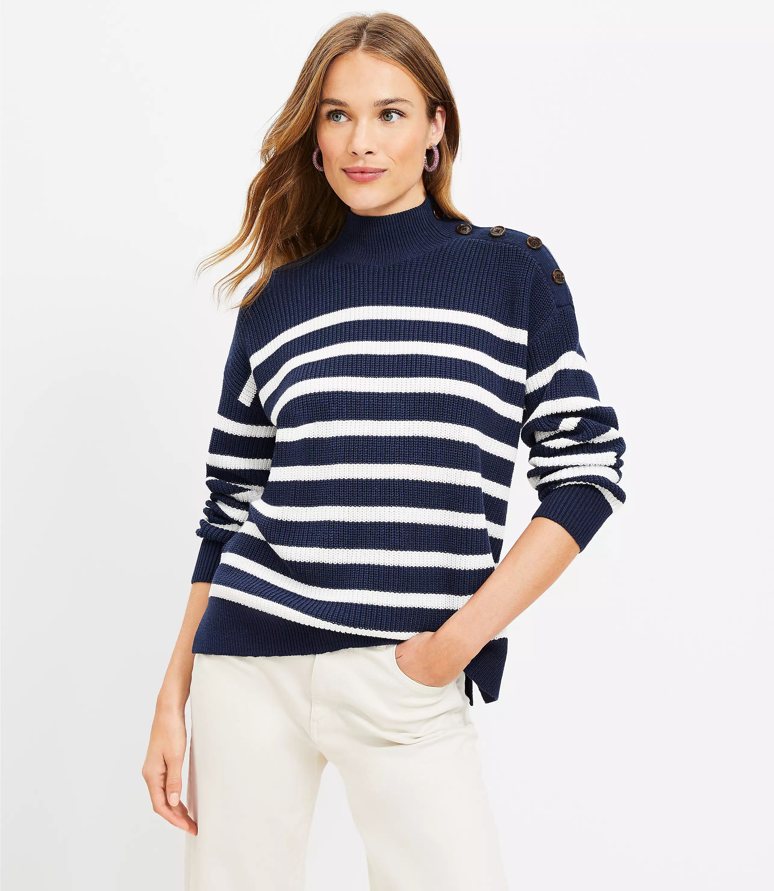 Stripe Ribbed Shoulder Snap Mock Neck Sweater | LOFT