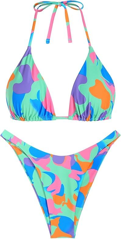 ZAFUL Women's Sexy Two Piece Bikini Sets Triangle High Cut Thong Bathing Suit Color Block Cami Pa... | Amazon (US)