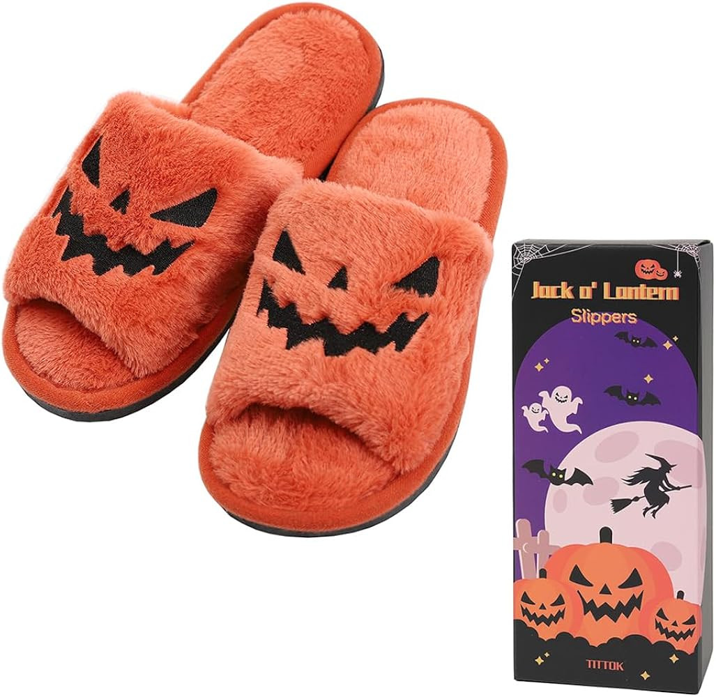 TITTOK Spooky Slides Halloween Slippers Jack O Lantern Pumpkin Soft Plush Cozy Open Toe Indoor Outdo | Amazon (US)