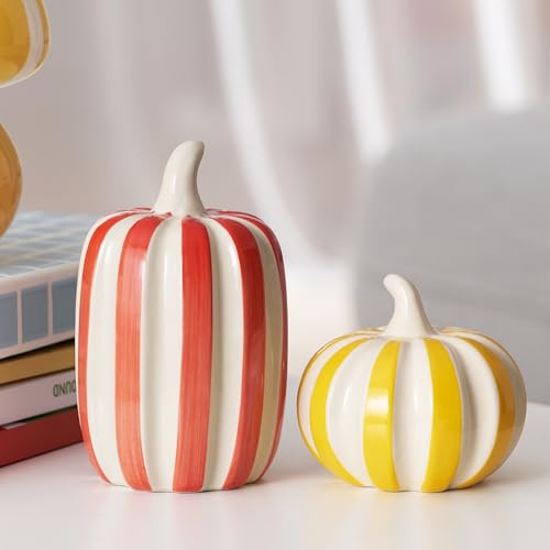 WDS WONDROUS Ceramic Pumpkin Decor Indoor Home Decorations, Set of 2 Fall Pumpkins Decor, Artificial Pumpkins Decor for Fall Table Runner, Shelf, Coffee, Office, Party (Red,Yellow,White Stripe) | Amazon (US)