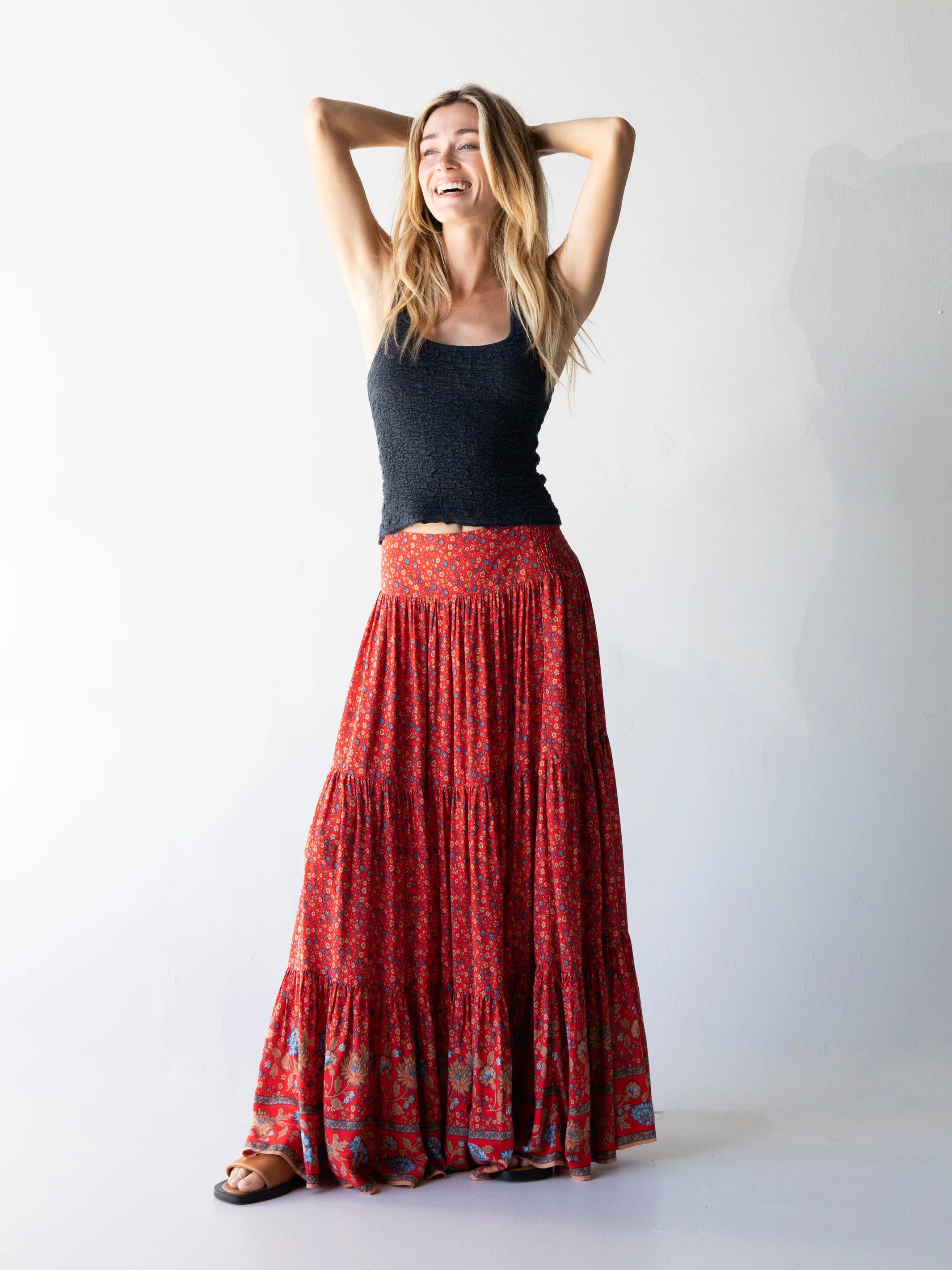 Hanna Convertible Maxi Skirt - Navy Red Bouquets | Natural Life