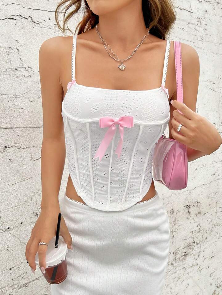 SHEIN Qutie Bow Front Curved Hem Cami Top | SHEIN