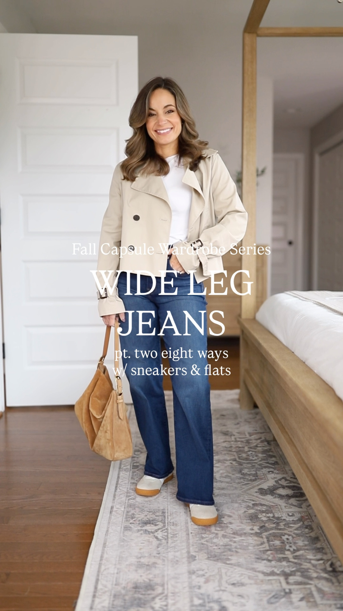 Fall capsule wardrobe series: eight outfits with wide leg jeans and flats or sneakers! 

Wide leg jeans (Madewell): petite 24 in pipestone wash | 10.5” rise | 28” inseam

Purple sweater (Quince): xs
Floral top (Anthropologie): petite xxs
Navy sweater (Quince): xs 
Striped polo (J.Crew): xxs 
Striped button down (J.Crew Factory): petite xxs 
White button down (J.Crew Factory): petite xxs 
Duster Cardigan (Amazon): xs in “apricort” first color option 
Tan sweater (Quince): xs 
White long sleeve (Quince): xs 
Navy turtleneck (J.Crew): xxs 
Barn jacket (Anthropologie): petite xxs - has a flared out fit (will give a full review) 
Cropped trench (Aritzia): xxs 
Camel Topcoat (BR Factory): petite xxs/00 
Burgundy coat (J.Crew Factory): petite xxs 
Ballet flats (Sam Edelman): tts in French sand 
Sneakers (Gola): tts 

#LTKPetite #LTKSeasonal