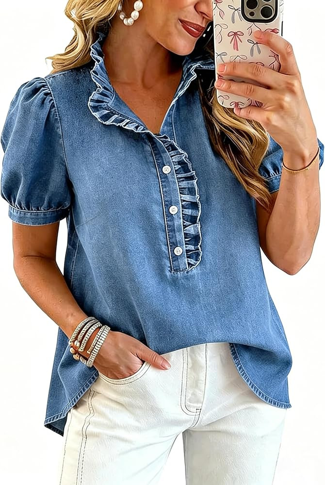 utcoco Denim Shirt Women Y2k Ruffle Denim Top Button Down Jean Shirt | Amazon (US)