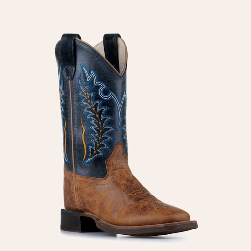 Old West Kids Burnt Tan and Navy Blue Wide Square Toe Cowboy Boots | Cavender's