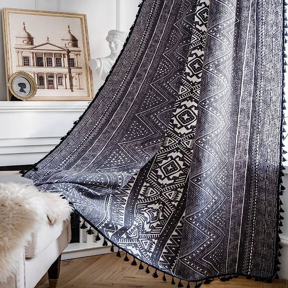 Bohemian Geometric Print Semi-Blackout Curtains for Bedroom Rod Pocket Farmhouse Cotton Linen Cur... | Amazon (US)