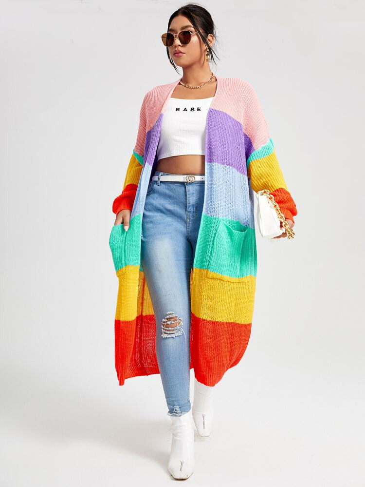 Plus Rainbow Striped Pattern Dual Pockets Cardigan | SHEIN