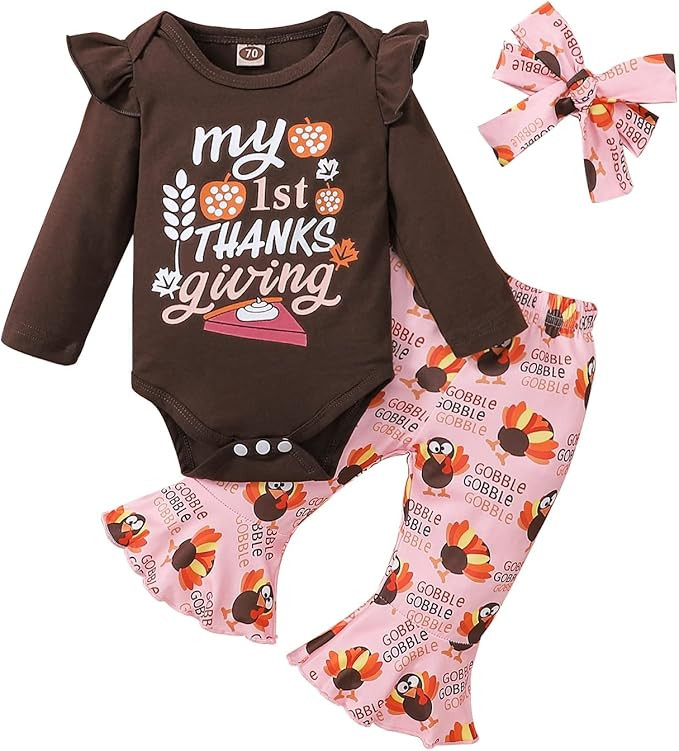 My First Thanksgiving Baby Girl Outfits 1st Thankgiving Gifts Turkey Romper Cute Polka Dot Bell B... | Amazon (US)
