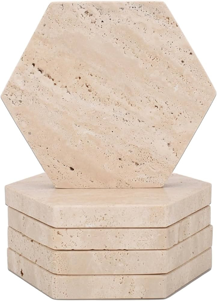 WORHE Marble Coasters Hexagon Drink Coasters Set of 5 Natural Cream Travertine Stone Coaster for ... | Amazon (US)