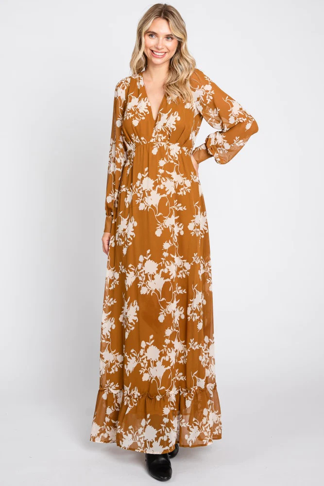 Camel Floral Chiffon Balloon Sleeve Maxi Dress | PinkBlush Maternity