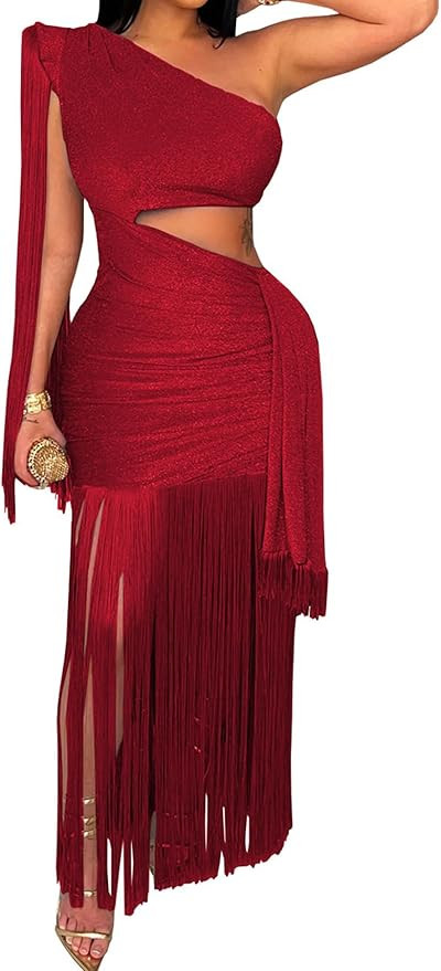 Women's Sexy One Shoulder Fringe Dress Sleeveless Cut Out Bodycon Birthday Party Tassel Maxi Dres... | Amazon (US)