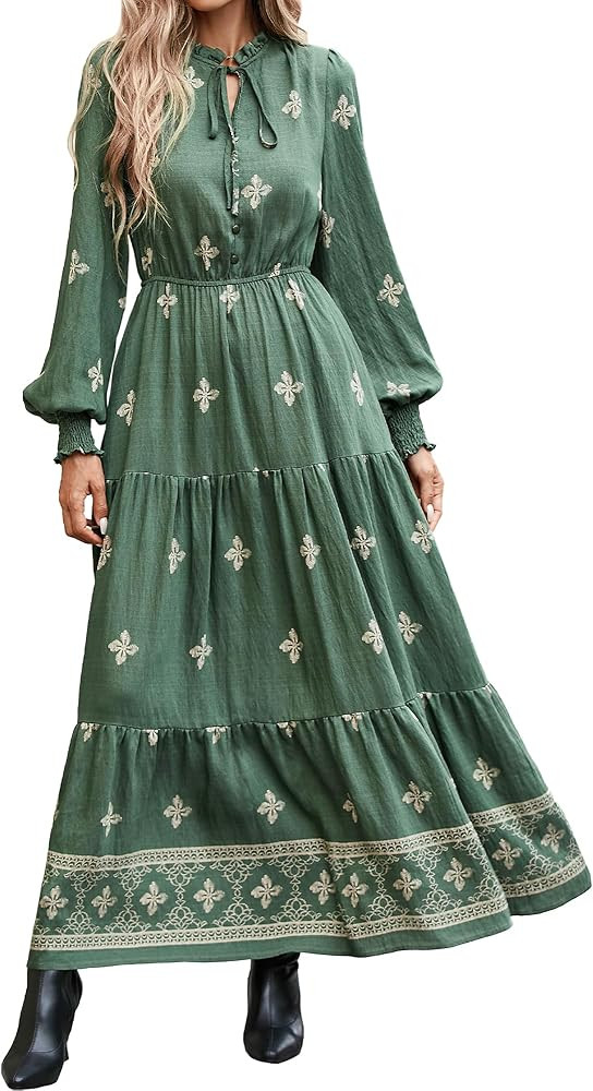 BTFBM Women's Fall Wedding Guest Dresses 2025 Casual Floral Long Sleeve V Neck Front Tie Flowy Bo... | Amazon (US)