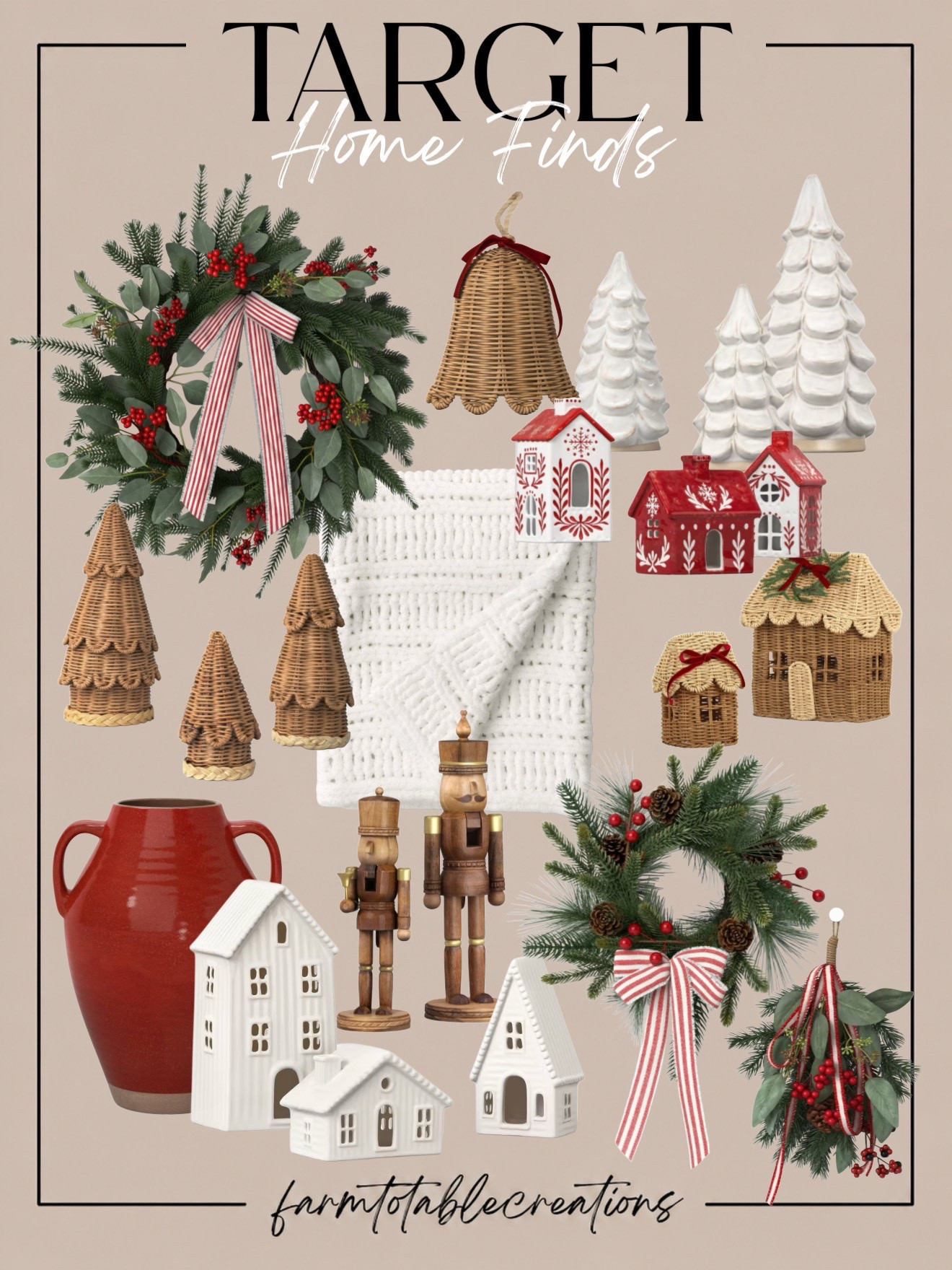 Target Christmas Home Finds 🎄❤️

These Target Christmas home finds are such a beautiful mix of classic holiday charm and cozy texture. The greenery, striped bows, white ceramic houses, wicker trees and bells, nutcrackers, and soft knit throw all work together for that timeless red, green, white, and natural wood look.

I love how easy these pieces would be to layer throughout a living room, entryway, mantel, or console table. They feel festive without being overly busy and would mix beautifully with decor you already own.

Follow @farmtotablecreations on Instagram for more cozy home finds and trending decor.

#LTKHome #TargetHome #TargetFinds #TargetChristmas #ChristmasDecor #HolidayDecor #ClassicChristmas #CozyChristmas #WickerDecor #ChristmasWreath #HolidayHome #ChristmasInspo #SeasonalDecor #HomeDecorFinds #CozyHome