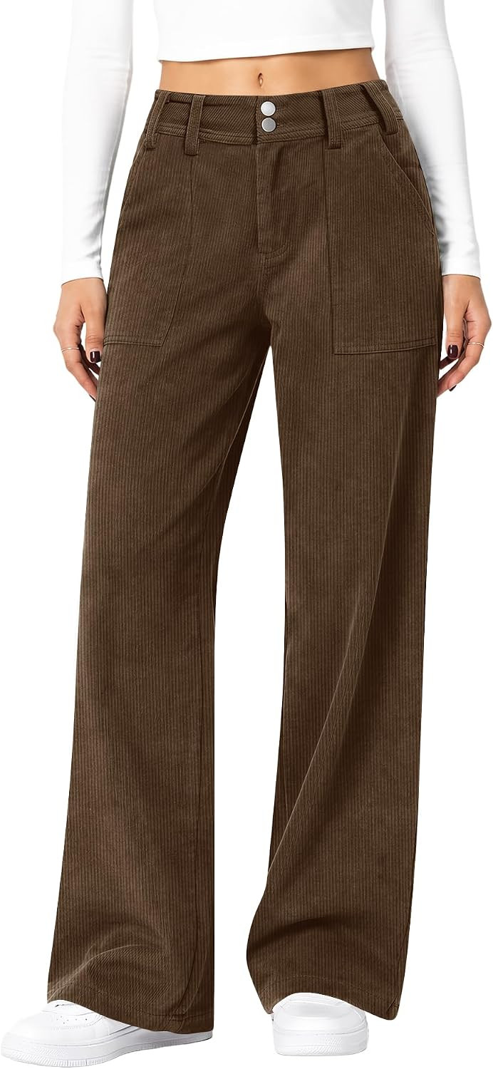 Rapbin Women's Corduroy Pants Wide Leg Mid Rise Casual Fall Winter Pants | Amazon (US)