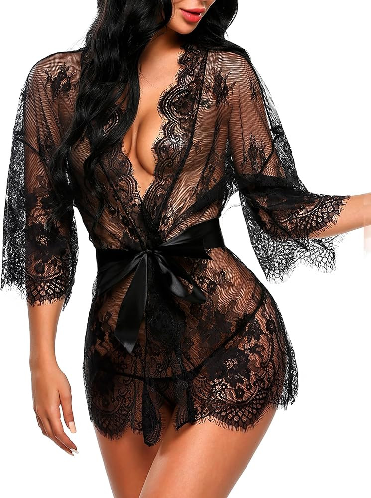 Avidlove Women's Lace Kimono Robe Babydoll Lingerie Mesh Nightgown S-5XL | Amazon (US)