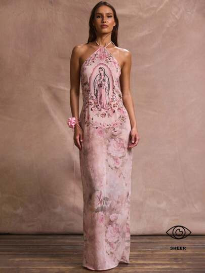 Musera Resort Halterneck Strappy Mesh Printed Maxi Cover Up Dress Summer Ibiza Fits Holiday Vacat... | SHEIN
