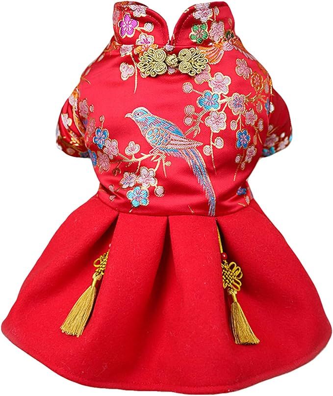 New Year Dog Red Dress Cute Pet Skirt Coat Flower Dogs Winter Clothes Warm Cats Puffy Dress Doggi... | Amazon (US)