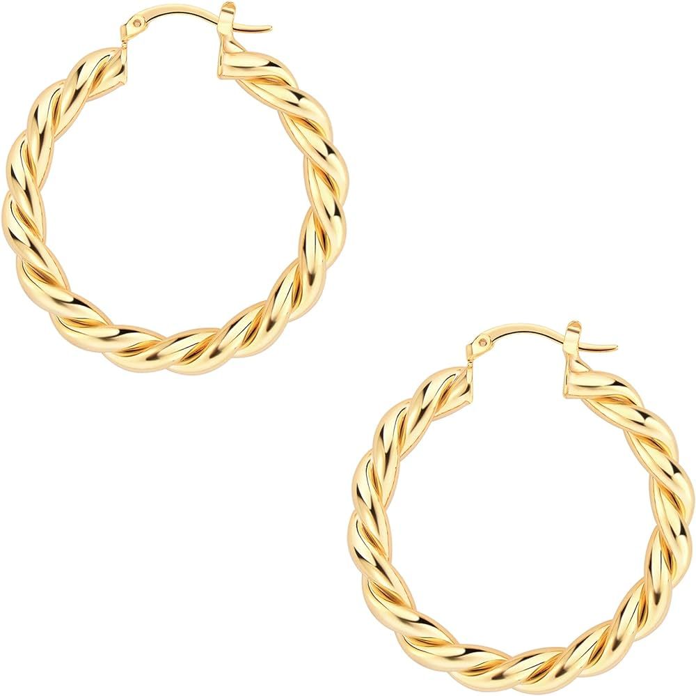 Wowshow Gold Hoop Earrings, Big Chunky Gold Hoop Earrings for Women Twisted Thick Gold Hoops 14K ... | Amazon (US)