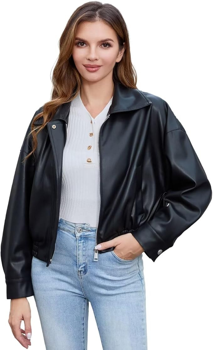 DIASHINY Faux Leather Jacket For Women Moto Biker Zip Up Motorcycle Loose Outwear | Amazon (US)