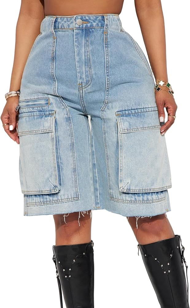 Women's High Waist Denim Shorts Straight Leg Raw Hem Jean Shorts Summer Hot Pants with Pockets | Amazon (US)