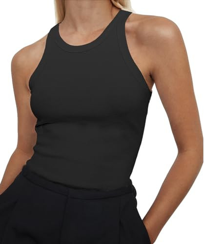 Artfish Women's Sleeveless Full Length Ribbed Fitted Racerback Workout Crew High Neck Basic Tank Top (Black, L) | Amazon (US)