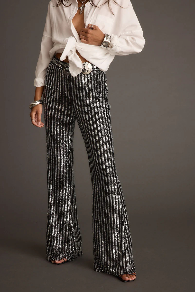 Alicia Black and Silver Striped Sequin Pants | 12th Tribe