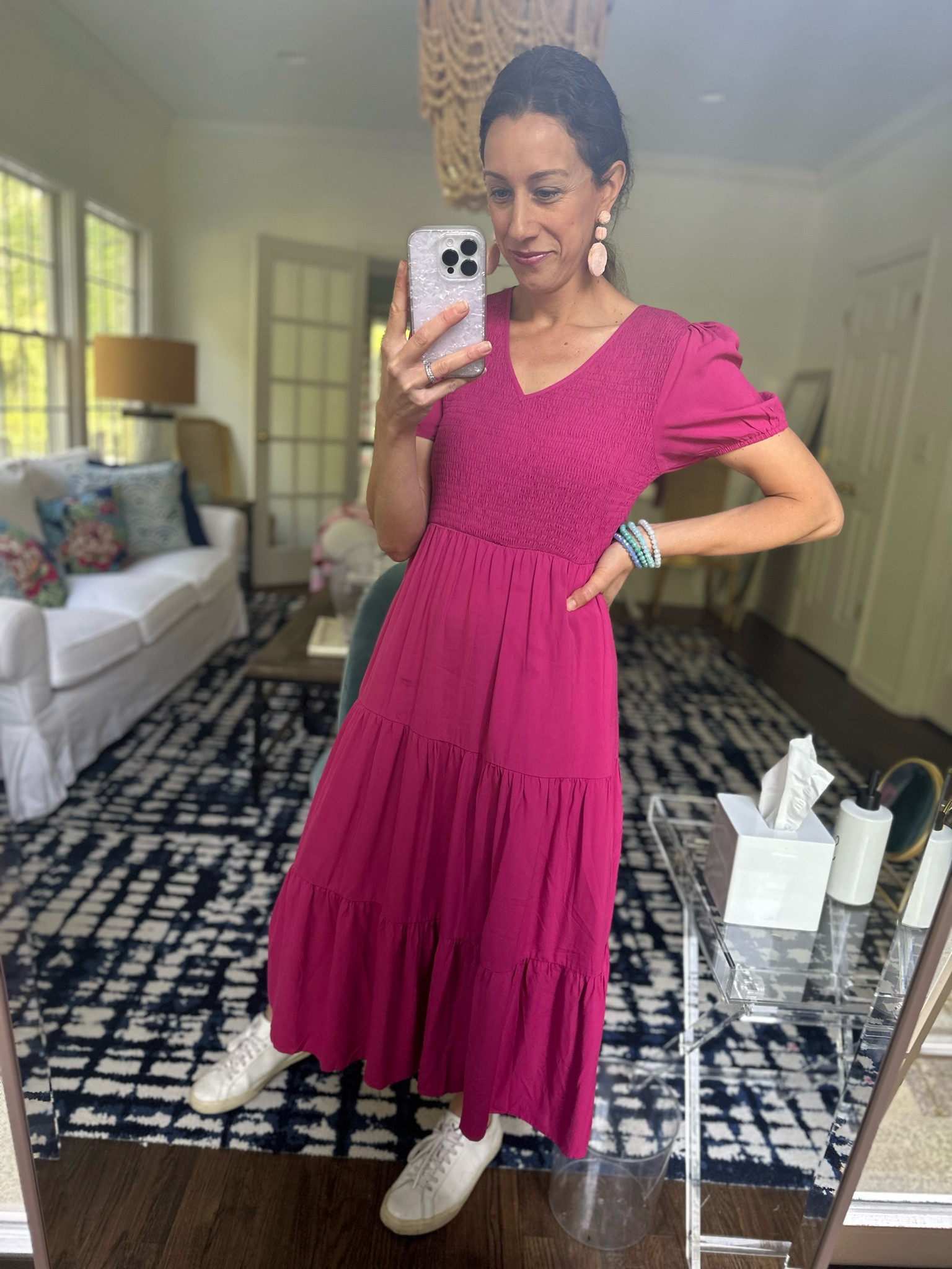 Raspberry pink dress 
Maxi dress 
Sneakers 
Pink earrings 


#LTKstyletip #LTKSeasonal #LTKunder50