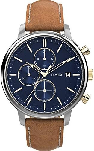 Timex Men's Chicago Chronograph 45mm Watch – Blue Dial Two-Tone Case with Brown Leather Strap | Amazon (US)