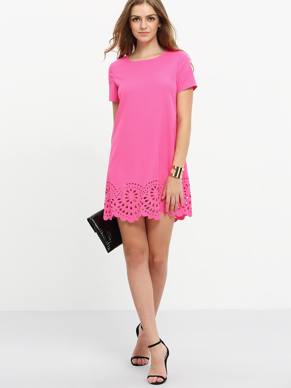 Hot Pink Short Sleeve Hollow Shift Dress | SHEIN
